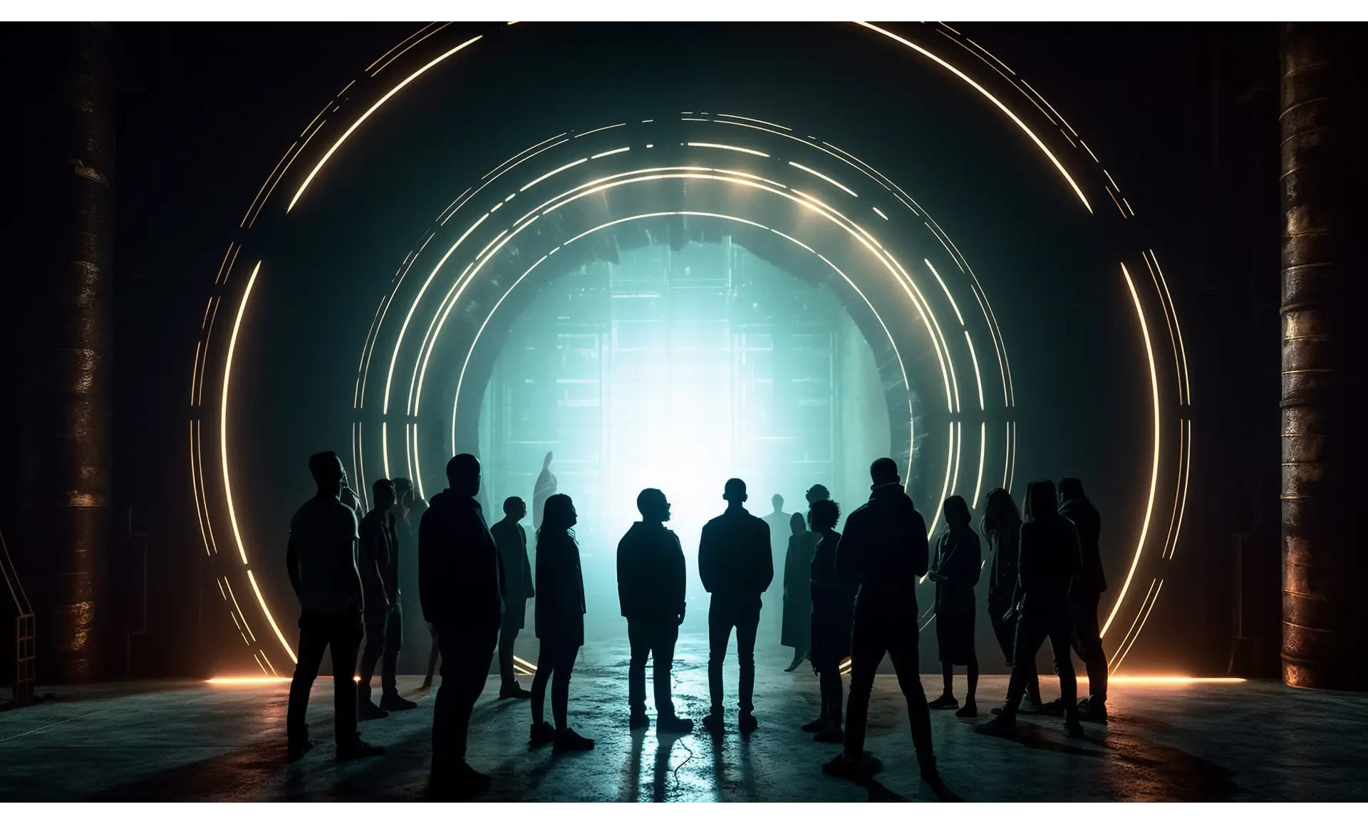 Group of people looking into giant spherical lighting